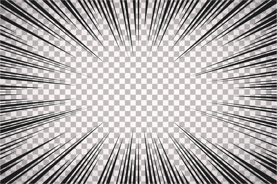 Black and white radial comics style lines  isolated on transparent background. Manga action, speed abstract. Vector illustration