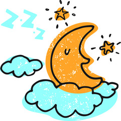 Nice illustration in the Doodle style with a Crescent moon sleeping on a cloud against the stars. Perfect for the festive Christmas and new year printing products and in the baby's room