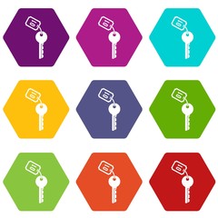 Hotel key icon set color hexahedron