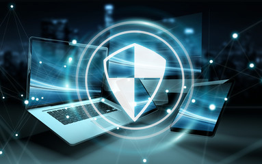 Antivirus interface over modern tech devices 3D rendering