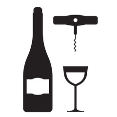 Silhouette of wine bottle and glass with corkscrew. Celebration toast vector outline icons. Logo or label template