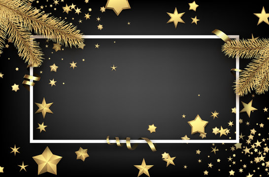 Christmas background with fir branches and stars.