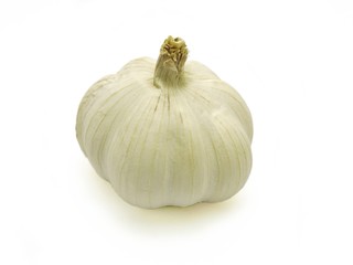 Garlic head isolated on white background. A type of cooking ingredient. Herbal plants and healthy food related to blood pressure, antibiotics, etc. Side view, Copy space on the left and right. 
