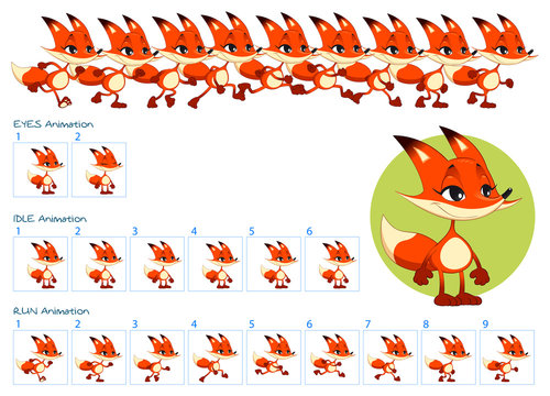 Run, blinking eyes and idle animations of cartoon fox character.