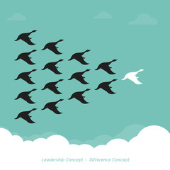 Flock of a duck flying in the sky.,  Leadership Concept and Difference Concept., Wild duck.