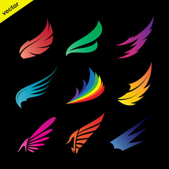 Fototapeta na wymiar Vector colorful wing icons set on black background., vector of wing for your design.