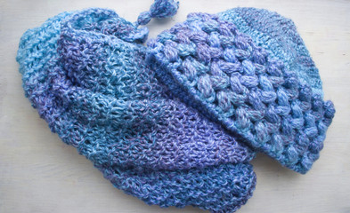 Knitted set of melange threads in a blue-violet range - swaddle and scarf