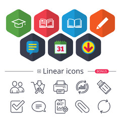 Pencil and open book signs. Graduation cap icon.