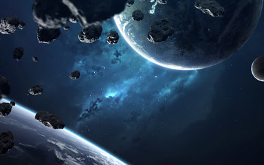 Naklejka premium Science fiction wallpaper. Planetary system thousands light years far away from Earth. Elements of this image furnished by NASA
