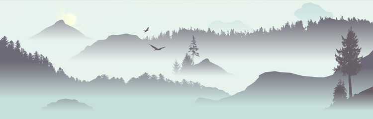 Mountain View banner with flying birds - 182234691