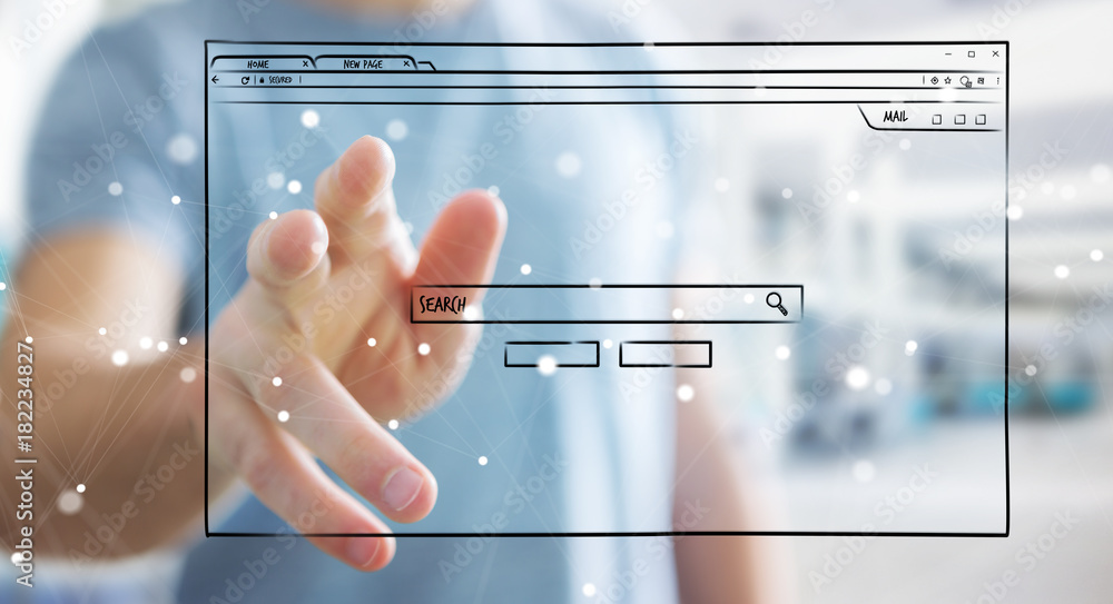 Wall mural businessman holding and touching a website page sketch