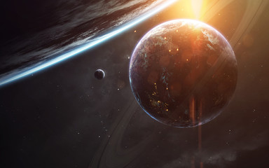 Science fiction wallpaper. Planetary system thousands light years far away from Earth. Elements of this image furnished by NASA