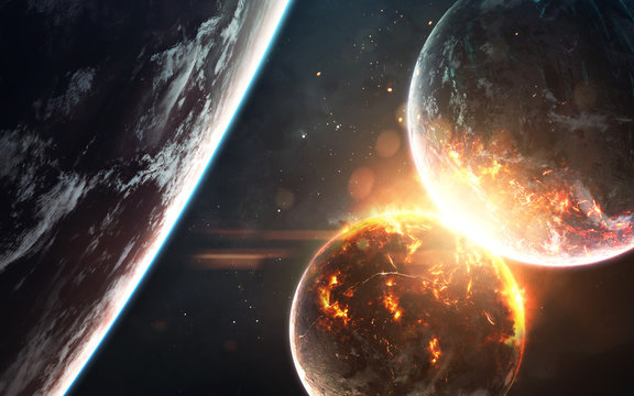 Planet cataclysm. Science fiction space visualisation. Cosmic explosion. Elements of this image furnished by NASA