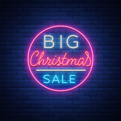 Obraz premium Christmas sale discounts, card postcard in neon style. Neon sign, bright poster, luminous night advertising Christmas sales. Vector illustration