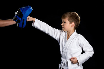 Karate training, straight hit with clenched fist to the blue punching pad