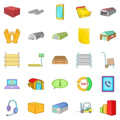 Storage of goods icons set, cartoon style