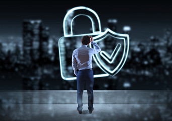 Businessman watching internet security interface sketch on a rooftop 3D rendering