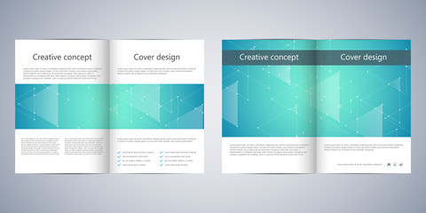 Bi-fold business brochure template with abstract background. Geometric graphics and connected lines with dots. Medical, technological and scientific concept. Vector illustration.