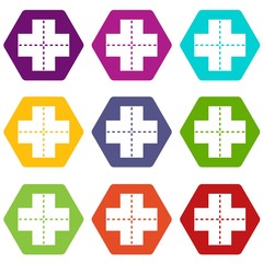 Crossroad icon set color hexahedron