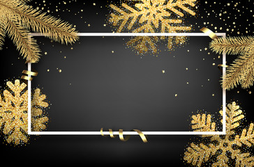 Winter background with fir branches and snowflakes.