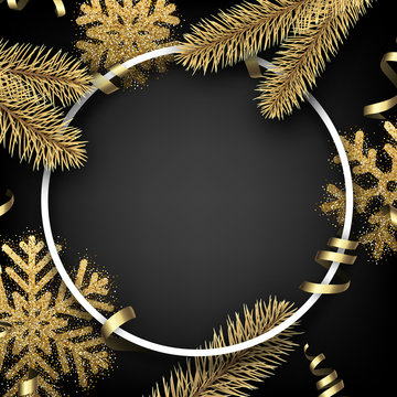 Winter background with fir branches and snowflakes.
