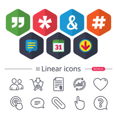 Quote, asterisk footnote icons. Hashtag symbol.