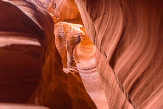 Upper Antelope Canyon. Natural rock formation in beautiful colors. Beautiful wide angle view of amazing sandstone formations. Near Page  at Lake Powell, Arizona, USA