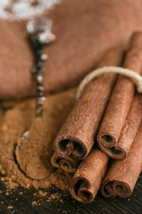 Cinnamon sticks and powder on rustic wooden Board closeup. Spices. Seasonings. Selective focus
