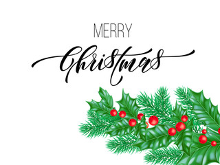 Merry Christmas calligraphy font on white premium background for winter Xmas holiday design template. Vector Christmas tree holly wreath decoration for New Year season