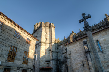 Santa Maria la Mayor church in Pontevedra (Spain). Stone cross of the entrance