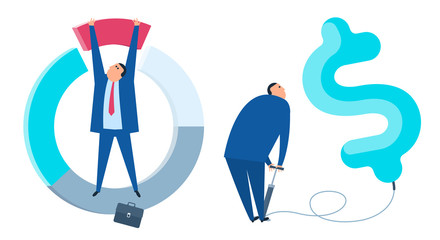 The business improve and growth concept. Businessman is inflating the dollar balloon. Manager with chart diagram. Business strategy, investment, wealth, management, marketing flat vector illustration.