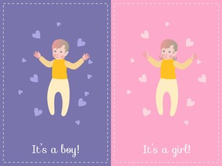 Baby Shower greeting card. It's a boy on blue background. It's a girl on pink background. Cute kids with hearts.