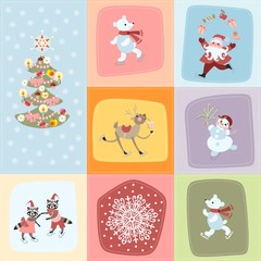 Christmas seamless pattern with Christmas tree, Santa Claus, funny deer, polar bear, lovely raccoons, snowman and snowflake. Patchwork design. Happy New Year. Vector illustration.