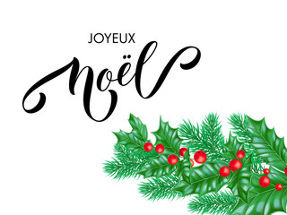 Fototapeta na wymiar Joyeux Noel French Merry Christmas holiday hand drawn quote calligraphy lettering greeting card background template. Vector Christmas tree pine or fir and holly wreath decoration white premium design