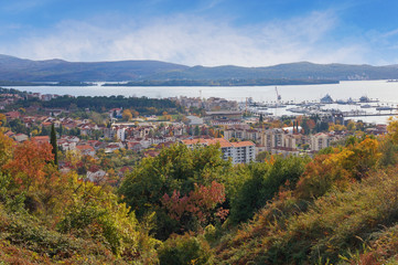 View of Tivat city from the slope of the mountain. Montenegro