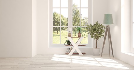Idea of white empty room with summer landscape in window. Scandinavian interior design. 3D illustration