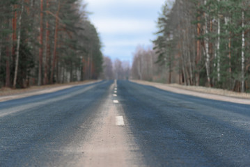 Fototapeta na wymiar Highway with its white dividing strip close up. The forest background in blur.