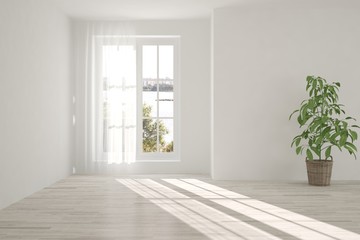 White empty room with summer landscape in window. Scandinavian interior design. 3D illustration