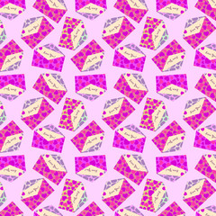 Cute seamless love pattern with letters, envelopes, hearts and post stamp imprints on pink background in hand drawn style. I love you. Backdrop texture design for web, print and textile
