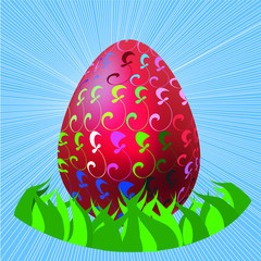 Decorative Easter egg on green grass on the blue background, vector illustration.