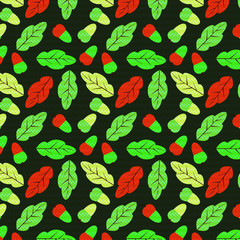 Pattern with acorns and autumn oak leaves on the black background vector illustration. 