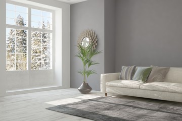 Idea of white minimalist room with sofa. Scandinavian interior design. 3D illustration