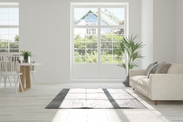 Idea of white room with sofa and summer landscape in window. Scandinavian interior design. 3D illustration