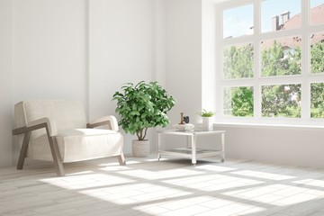 Idea of white room with armchair and summer landscape in window. Scandinavian interior design. 3D illustration