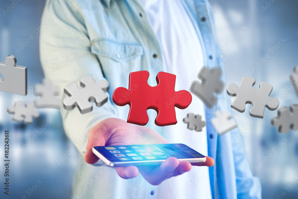 Poster puzzle pieces on a futuristic interface - 3d rendering