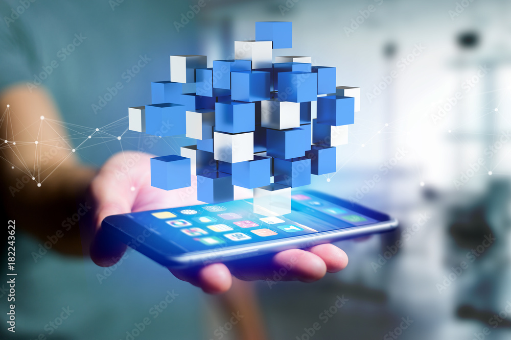Aufkleber 3d rendering blue and white cube on a futuristic interface