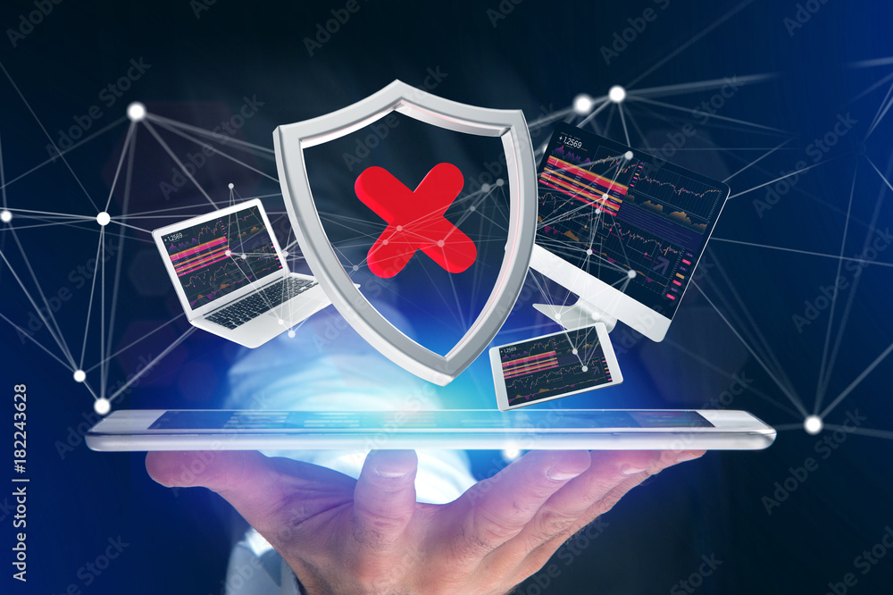 Poster hacked shield symbol surrounded by devices and network displayed on a futuristic interface