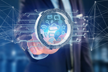 Cloud symbol connection surrounded by multimedia and internet application logo - 3d rendering