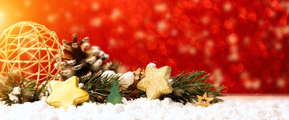 Christmas background with christmas balls, gifts and decoration