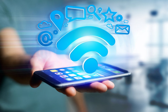 wifi symbol connection surrounded by multimedia and internet application logo - 3d rendering